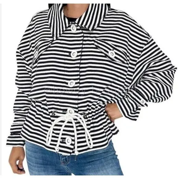 CAbi #5654 Women Medium Blue/White Nautical Striped Harbor Jacket Drawstring S - Picture 2 of 13